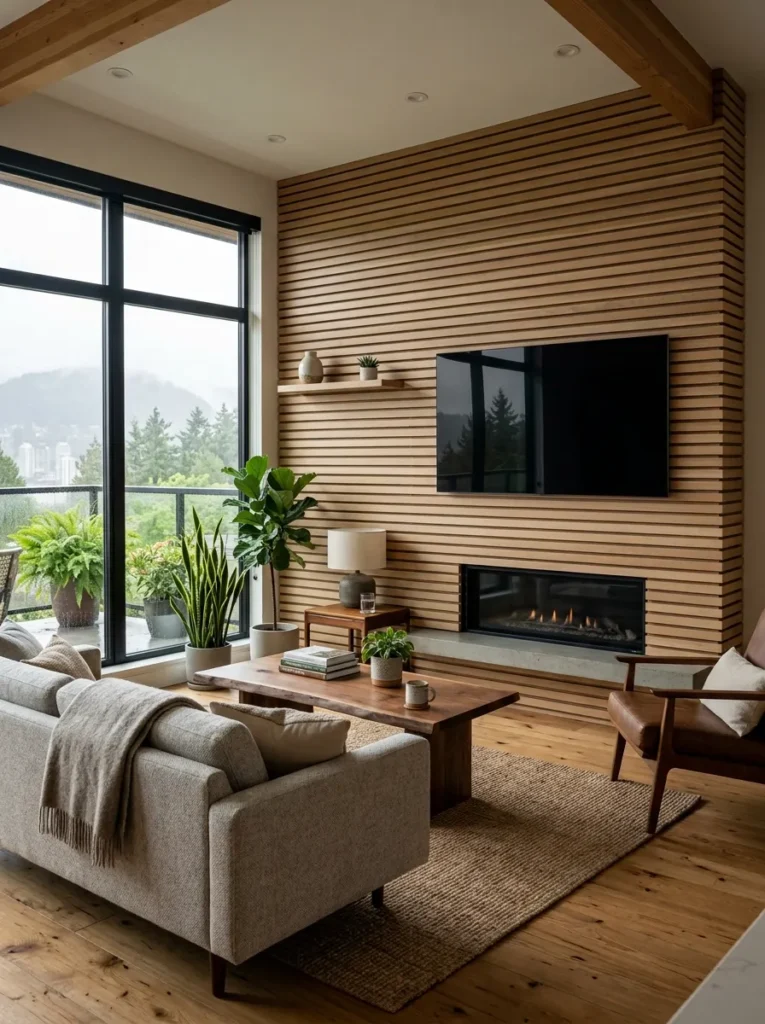 Horizontal white oak slat wall spanning the full width behind a mounted television in a Vancouver modern living room.