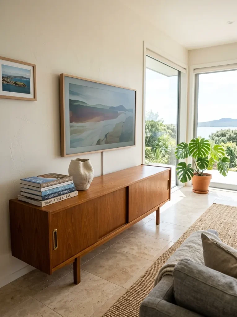 Low vintage teak sideboard layered with art books and ceramic forms beneath a mounted television in an Auckland living room.