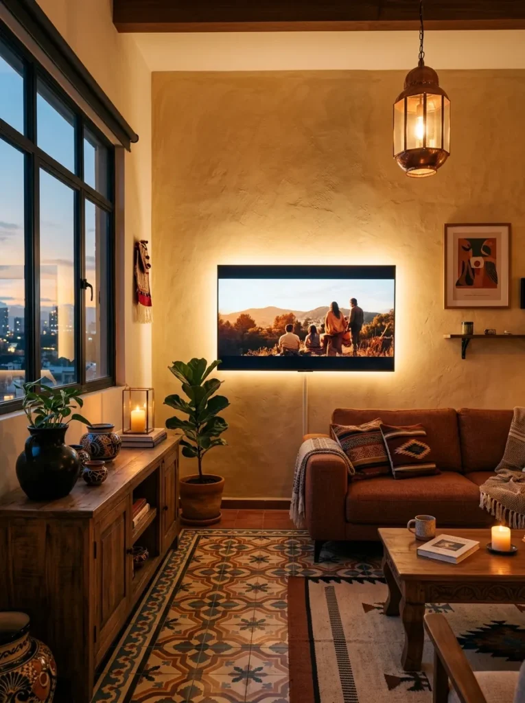 Warm LED bias lighting glowing behind a mounted television against an ochre limewash wall in a Mexico City living room.