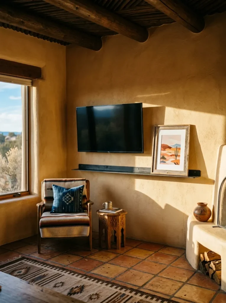 Narrow steel ledge holding a leaning framed print beneath a mounted television in a Santa Fe adobe living room.