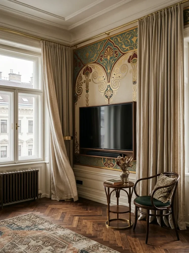 Floor-to-ceiling linen drapery framing a mounted television on a hand-painted plaster wall in a Vienna living room.