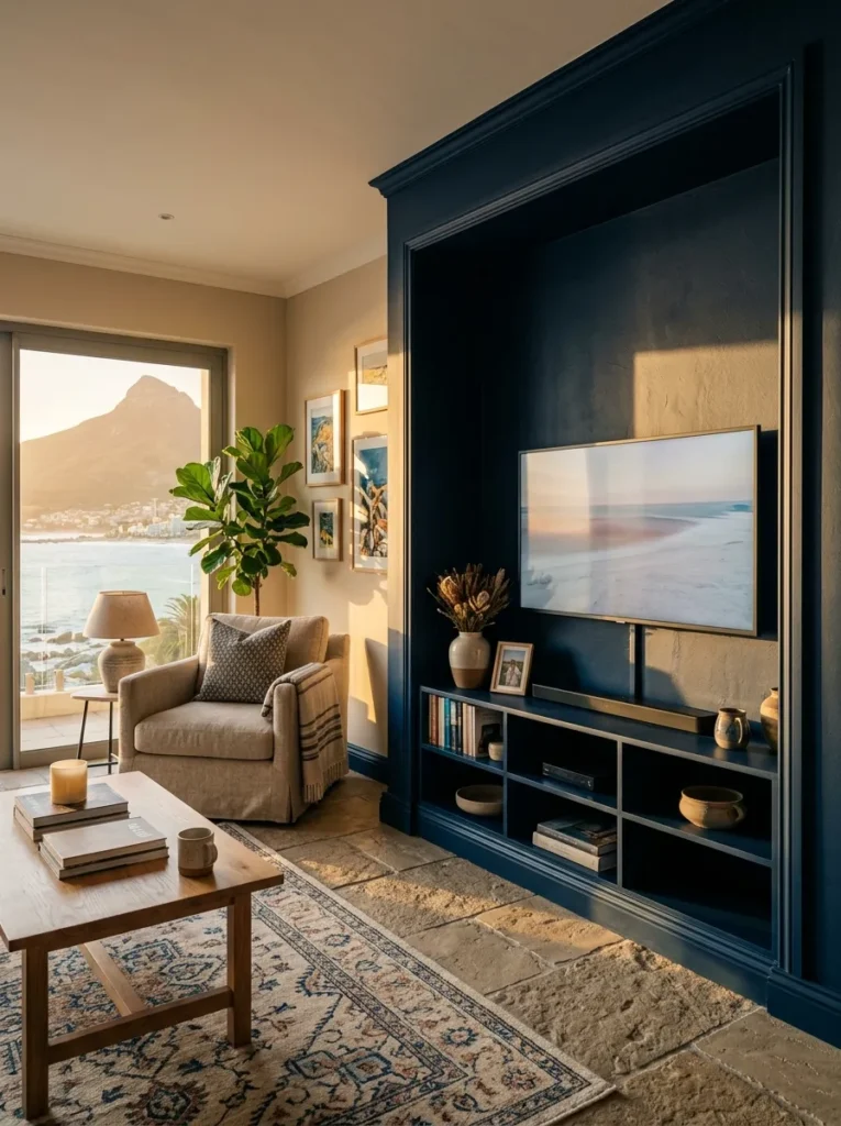 Recessed television nook painted in deep ink navy with matching trim in a Cape Town living room at golden hour.