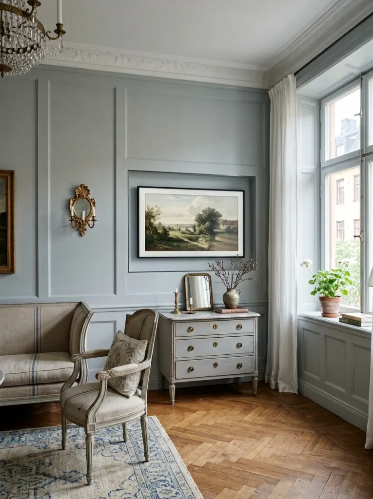 Flush-mounted television in a shallow recessed niche with a steel trim edge in a Gustavian-style Stockholm living room.