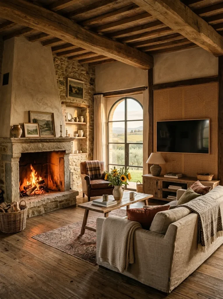 Mounted television on its own rattan panel wall separate from a lit stone fireplace in a Tuscan farmhouse room.