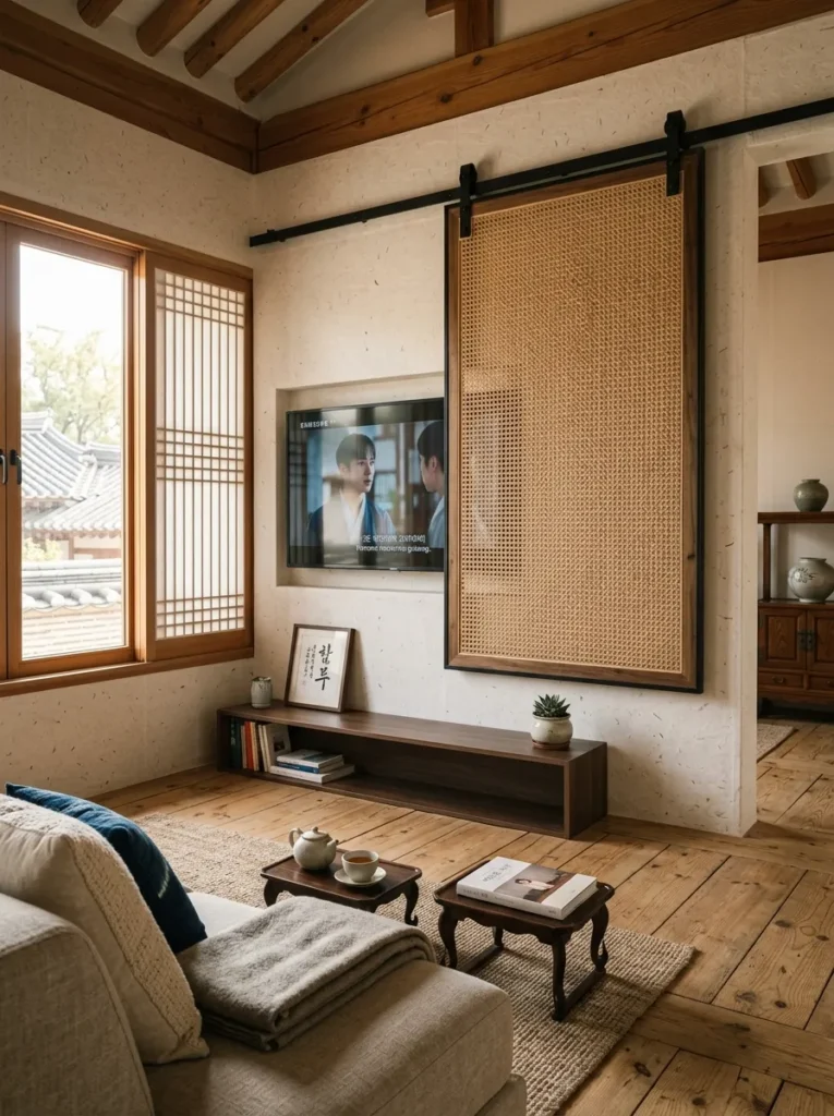 Woven cane sliding panel on a barn-door track partially concealing a mounted television in a Seoul hanok-inspired living room.