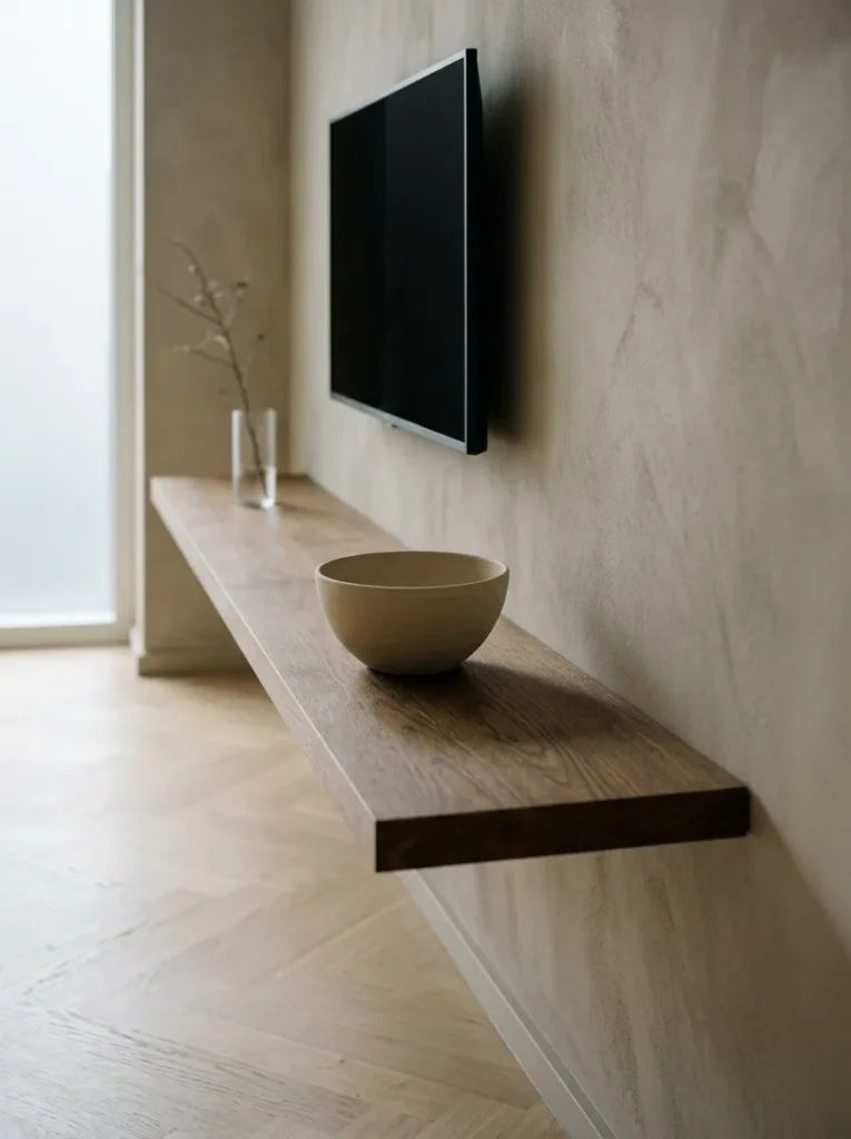 Smoked oak floating shelf holding a stoneware bowl beneath a mounted television in a pale Scandinavian living room.