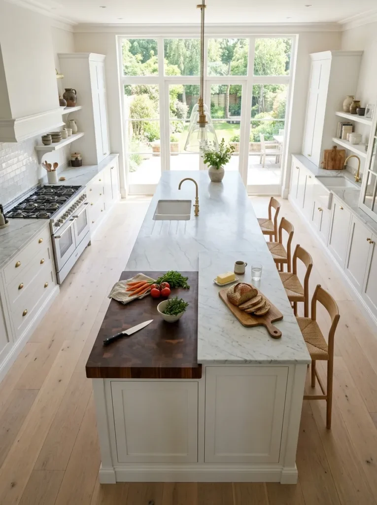 Long kitchen island with counter space on both long sides designed for two simultaneous cooks