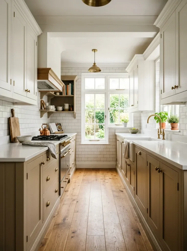 Two-tone kitchen with warm sand lower cabinets and white upper cabinets, brass hardware throughout