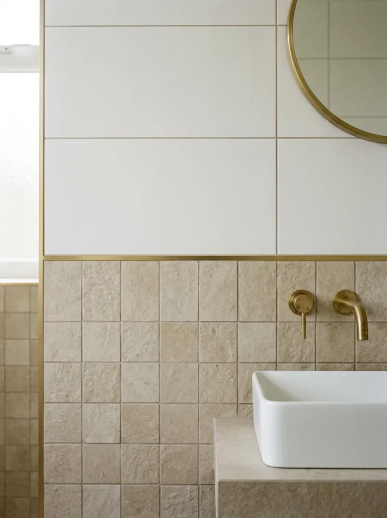 Two-tone bathroom tile scheme with warm white tiles above and beige limestone tiles below, divided by a thin brass trim strip