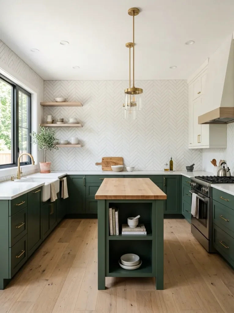 Two-tone L-shaped kitchen with forest green lower cabinets, warm white upper cabinets, and a matching green island
