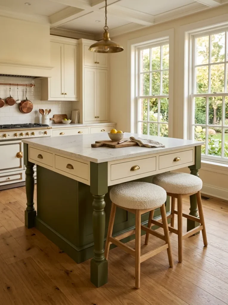 Kitchen island with cream upper panels and dark olive green legs and toe-kick for a furniture look