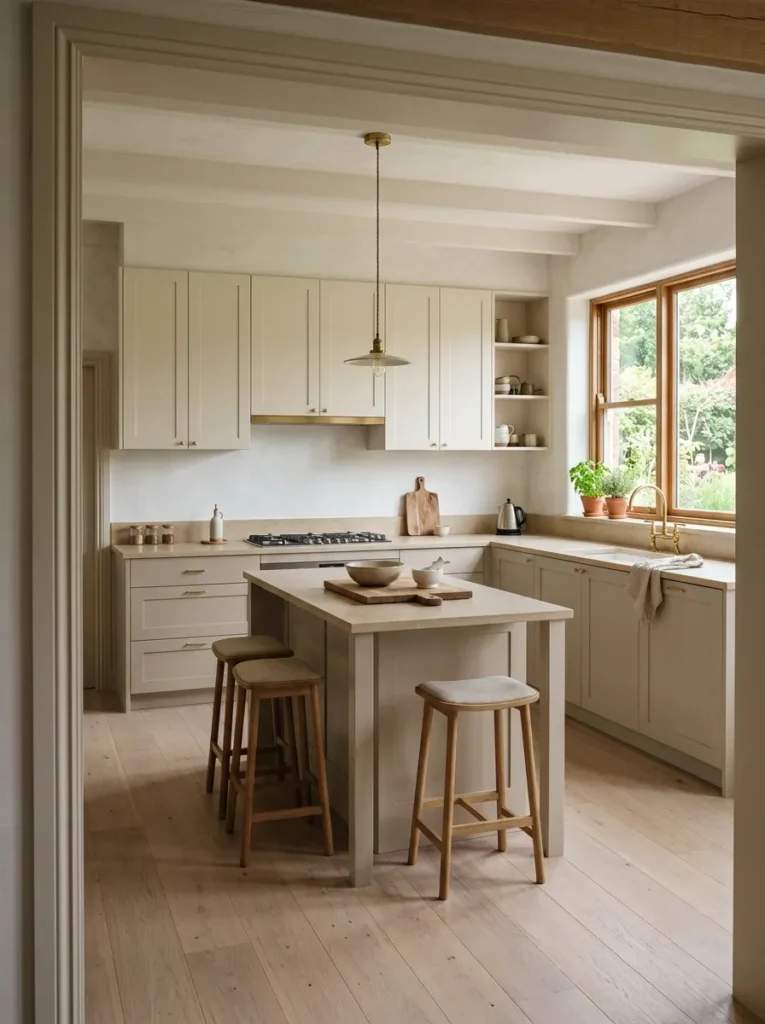 Kitchen with warm white upper cabinets and deeper clay-toned lower cabinets sharing the same warm undertone, with honed pale stone countertops and an ash timber floor
