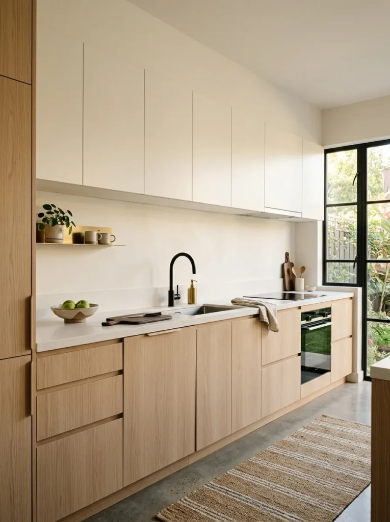 Two-tone contemporary kitchen with warm white upper cabinets and natural ash lower cabinets under a pale stone countertop
