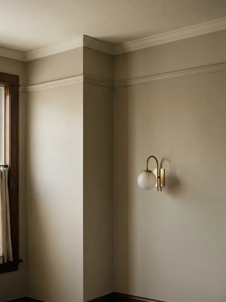 Bedroom corner showing greige eggshell walls transitioning to a one-shade-lighter ceiling in the same warm family, with a brass wall sconce