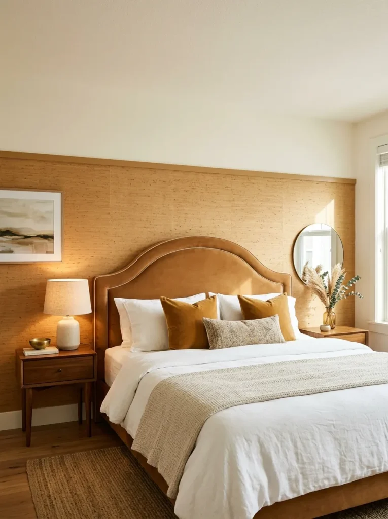 Bedroom accent wall with ochre grasscloth wallpaper on the lower two-thirds and creamy white paint above, divided by a thin painted batten
