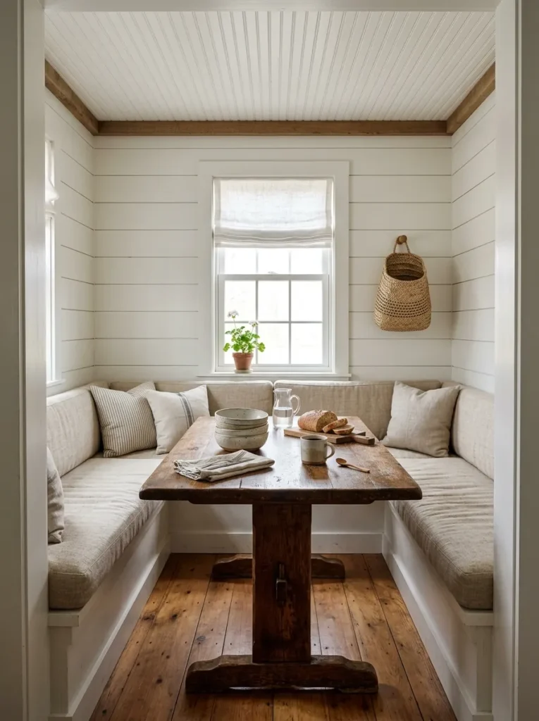 U-shaped banquette with shiplap walls, farmhouse trestle table in worn oak, and linen cushions