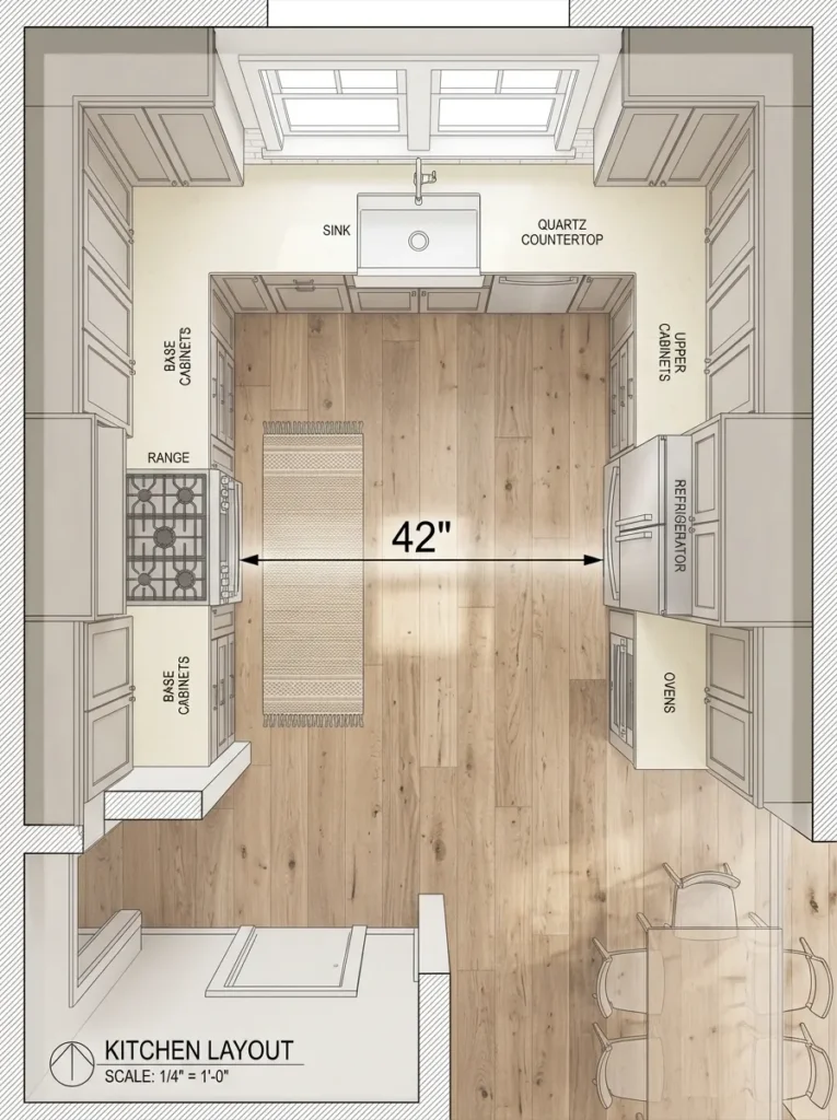 Top-down view of a U-shaped kitchen layout showing 42-inch minimum aisle clearance annotated between facing countertops
