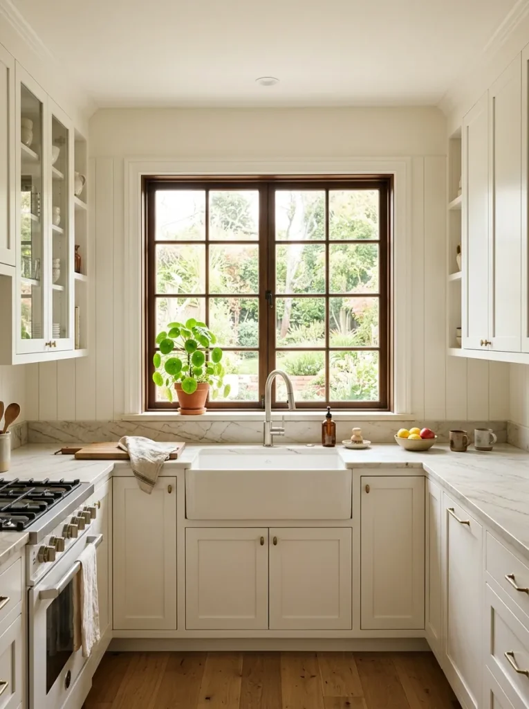 U-shaped kitchen back wall with a wide window above the sink letting in strong natural daylight
