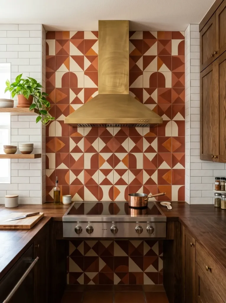 U-shaped kitchen back wall with bold terracotta and cream geometric patterned tile behind the cooktop, contrasting with simple tile on the side walls
