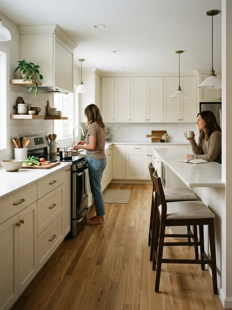U-shaped kitchen counter run extended as a breakfast bar with two counter-height stools on the outward-facing side
