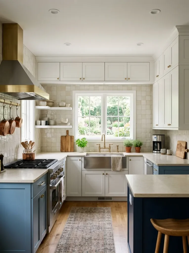 U-shaped kitchen with cream zellige tile backsplash running continuously around all three walls including corner returns
