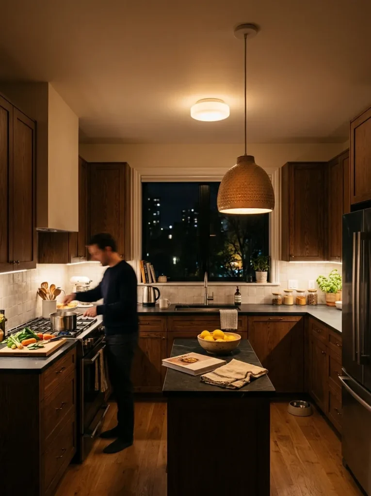 U-shaped kitchen at evening showing three lighting layers — under-cabinet LED strips, a ceramic pendant, and overhead ambient light
