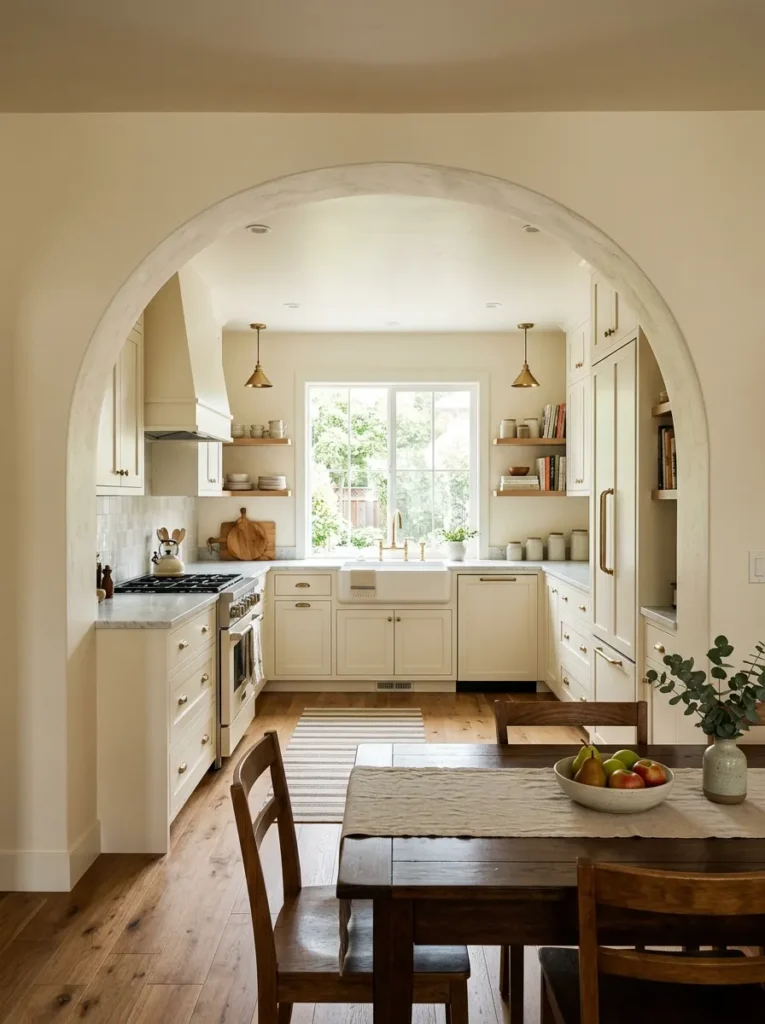 Wide arched opening connecting a U-shaped kitchen to an adjacent dining area, kitchen interior fully visible through the arch
