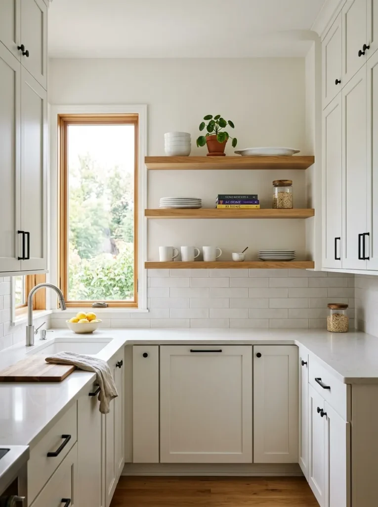 U-shaped kitchen with one wall section of upper cabinets replaced by natural oak open shelves styled with ceramics, a plant, and cookbooks
