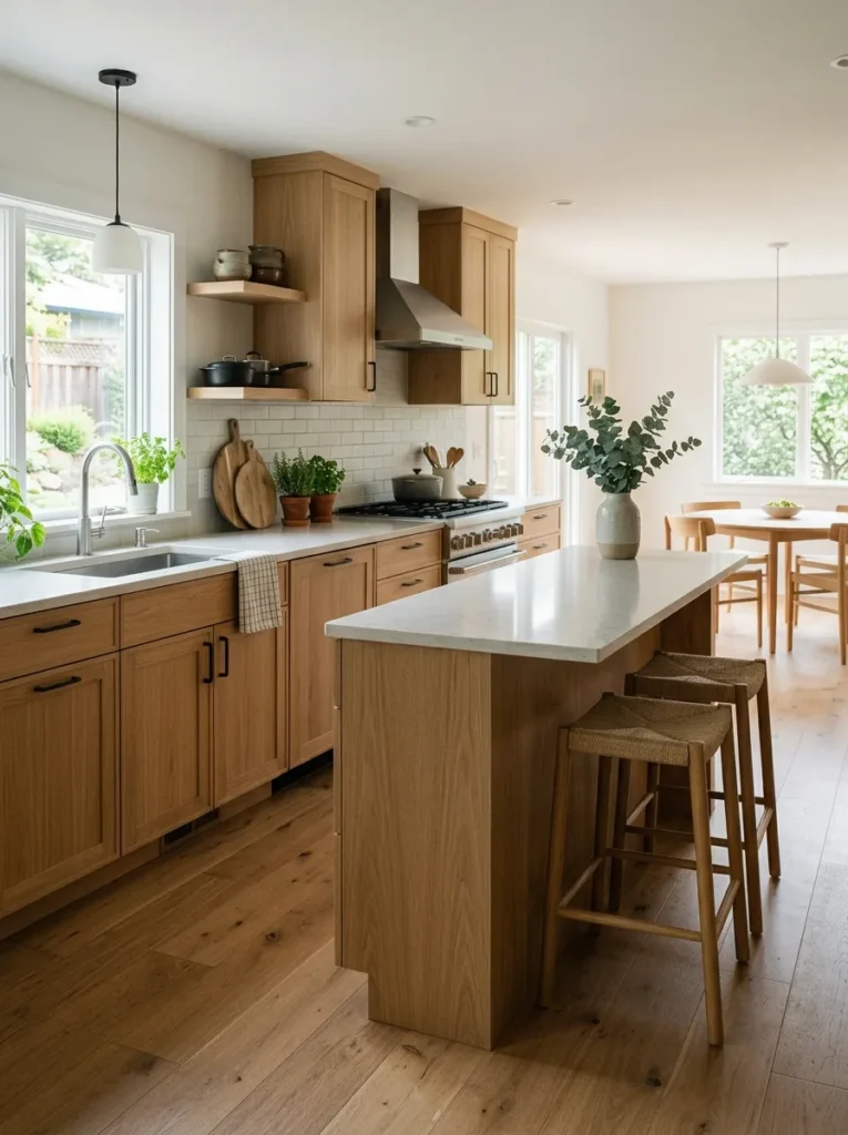 U-shaped kitchen with a peninsula extending from one end as a room divider, base cabinets on the kitchen side and bar stools facing the dining area
