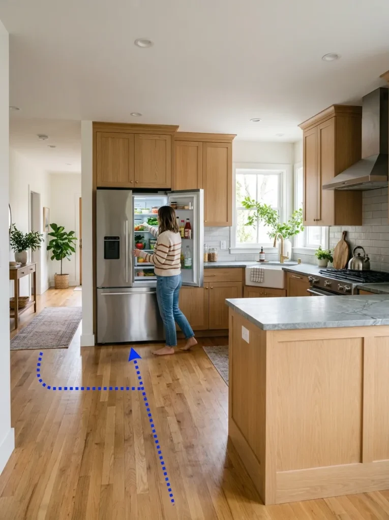 U-shaped kitchen with the refrigerator positioned at the outer end of the U, door open into clear space away from the main work zone
