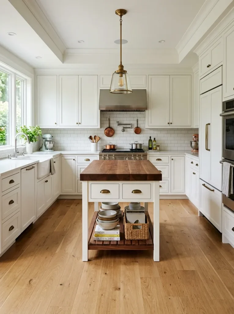 Large U-shaped kitchen with a compact butcher block island in the center, showing generous clearance on all sides
