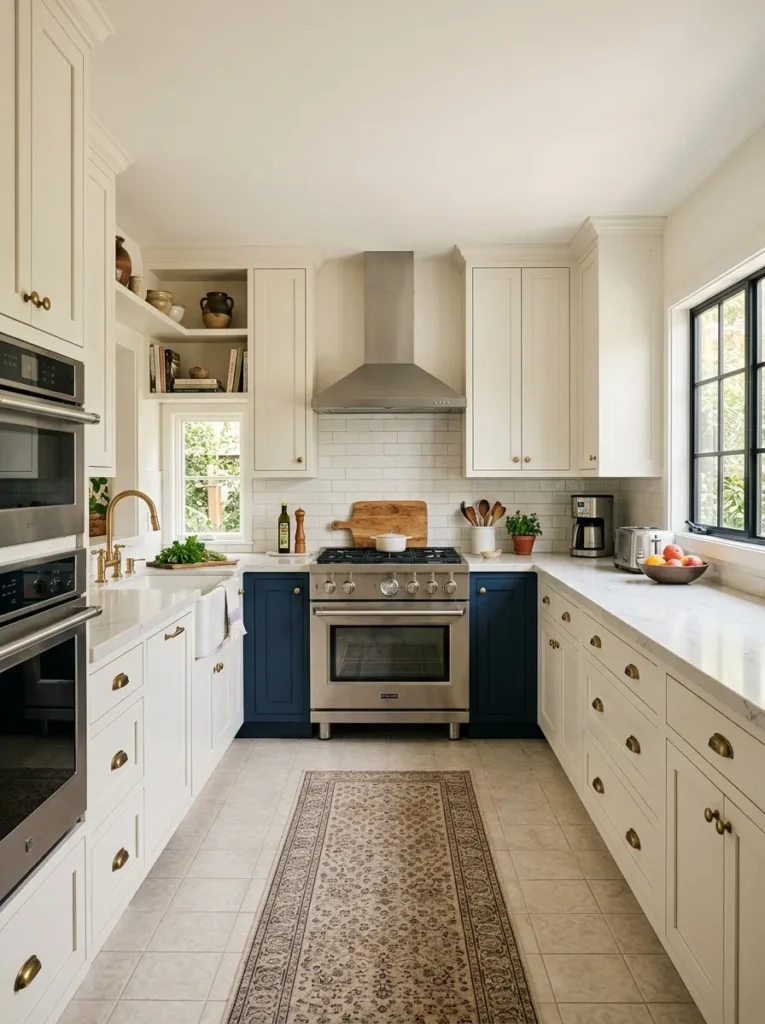 U-shaped kitchen with two white cabinet walls and a single deep navy back wall, pale quartz countertops throughout
