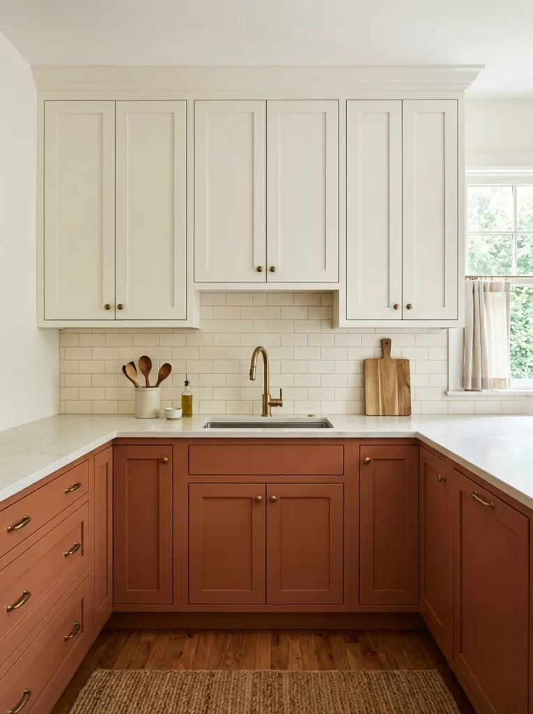 Kitchen cabinet run with white upper cabinets and clay terracotta lower cabinets, pale stone countertop dividing the two tones
