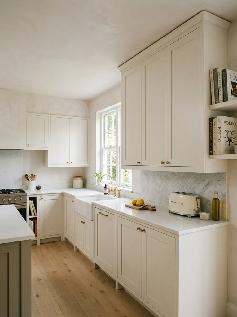U-shaped kitchen upper cabinets extending to the ceiling with no soffit gap, creating maximum visual height
