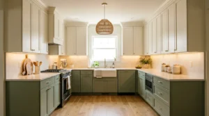 U-shaped kitchen with white upper cabinets, sage green lower cabinets, pale quartz countertops, and a window centered above the sink