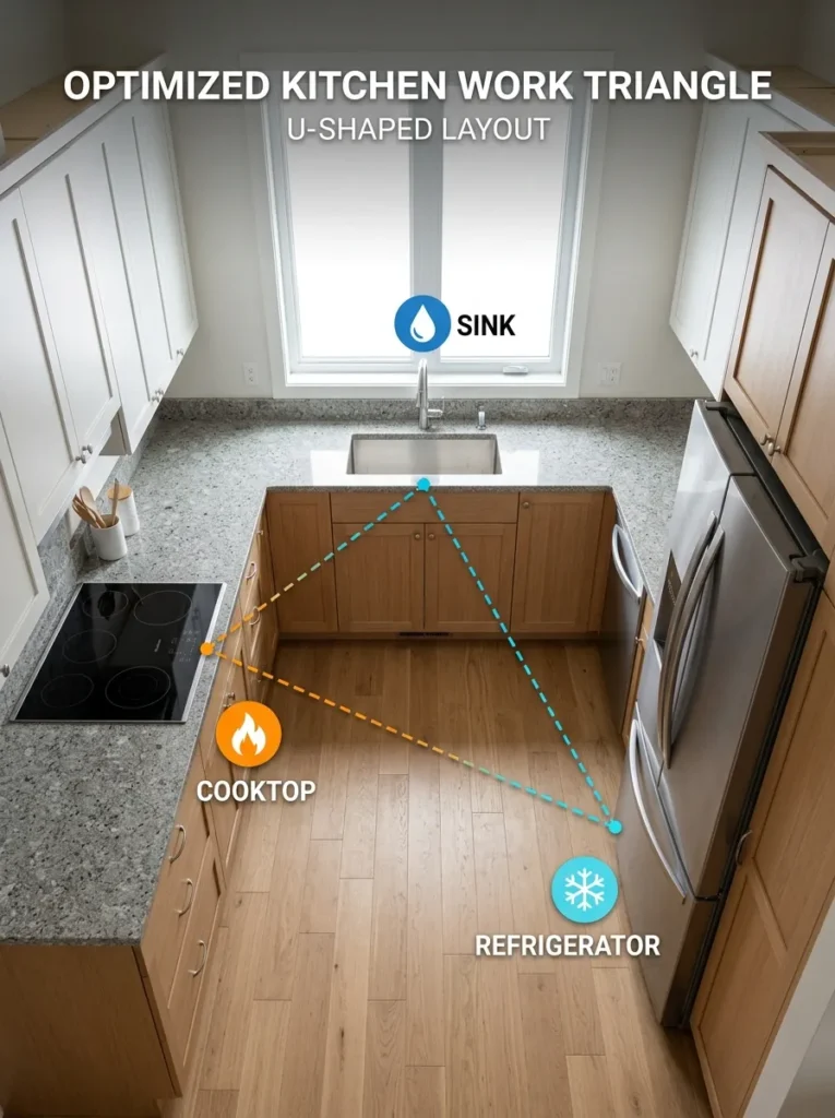 U-shaped kitchen with a work triangle overlay showing sink, cooktop, and refrigerator as three distinct points on three separate walls
