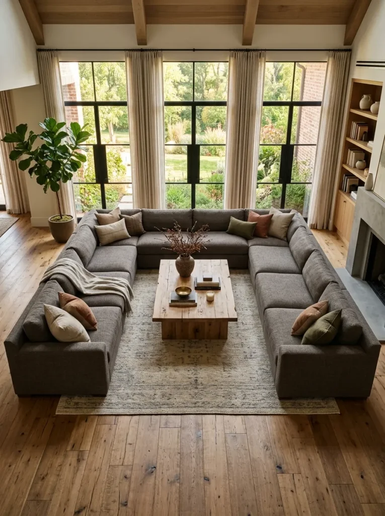 U-shaped sectional in charcoal fabric viewed from above in a large living room, with a rectangular coffee table in the open centre of the arrangement