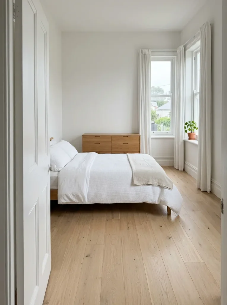 Simply furnished guest bedroom viewed from the doorway, with clear floor space on all sides of the bed, an empty dresser, and minimal decoration

