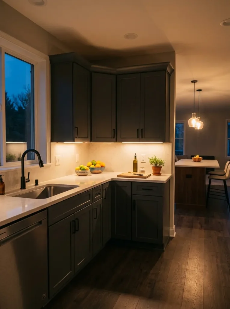 L-shaped kitchen at dusk with warm LED strip lighting under the upper cabinets illuminating dark charcoal cabinetry
