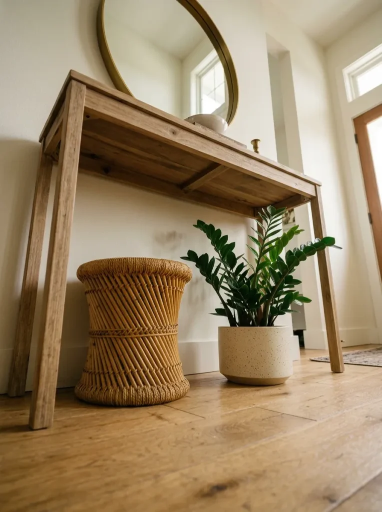 Under-table floor zone styled with a low rattan stool and a ZZ plant in a ceramic pot inside the legs of an open-leg console table
