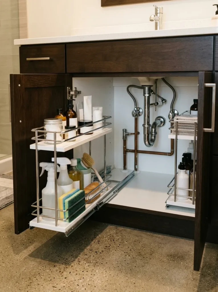 Under-sink cabinet open showing pull-out tiered organizers neatly holding bathroom products