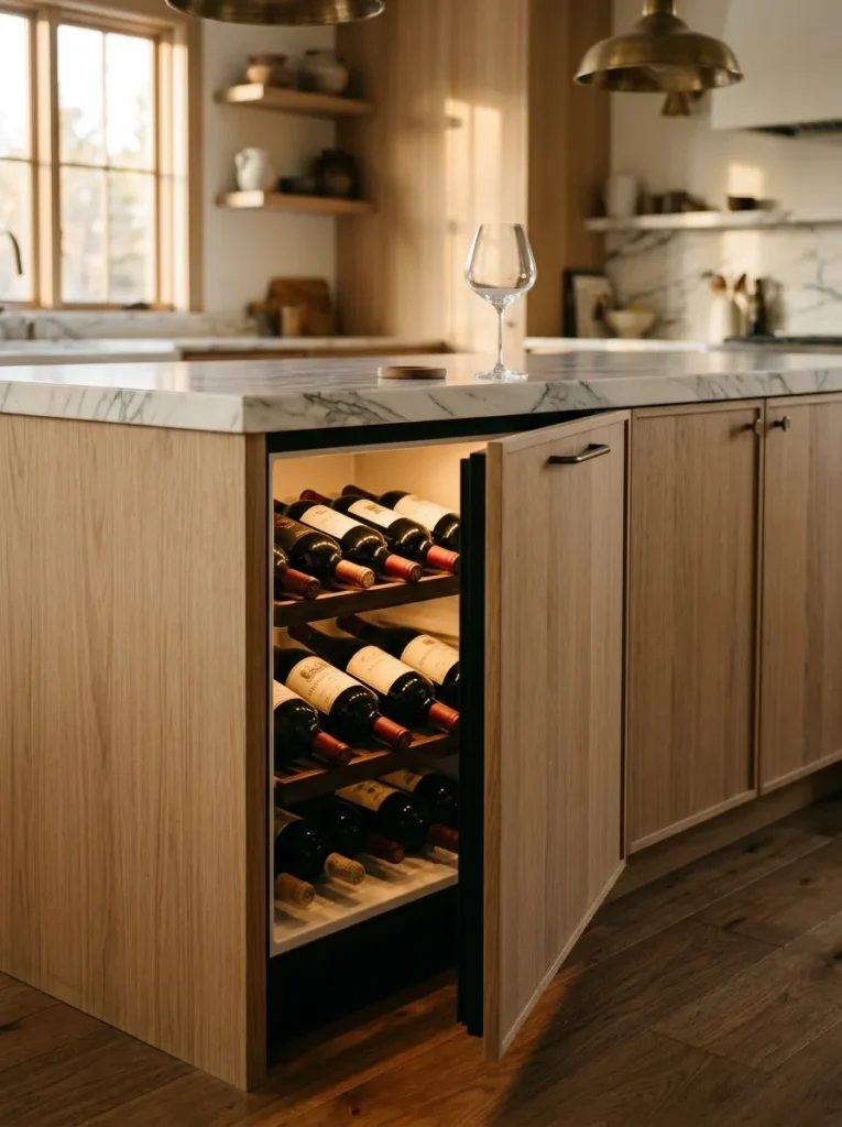 Panel-matched undercounter wine fridge open in a kitchen island base, two shelves of wine bottles illuminated, marble countertop above