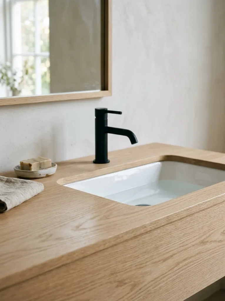 Undermount white ceramic basin showing the continuous counter-to-basin transition on a pale oak vanity surface with a matte black mixer above
