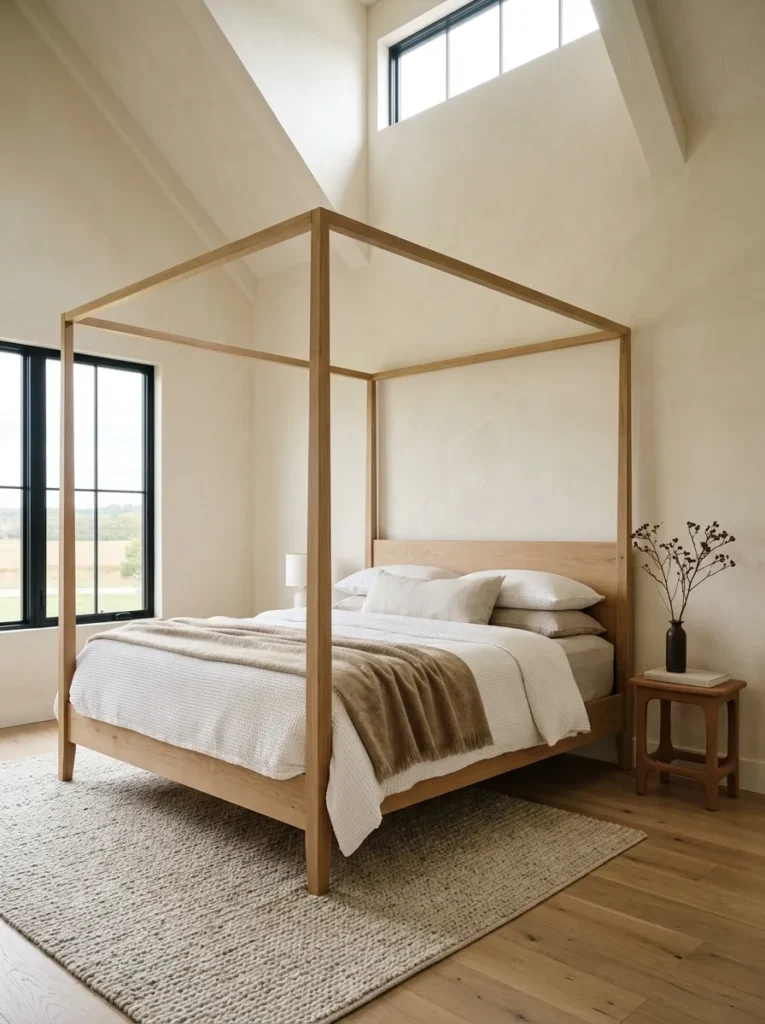 Unfinished raw oak four-poster canopy bed frame in a warm earthy bedroom with high ceilings