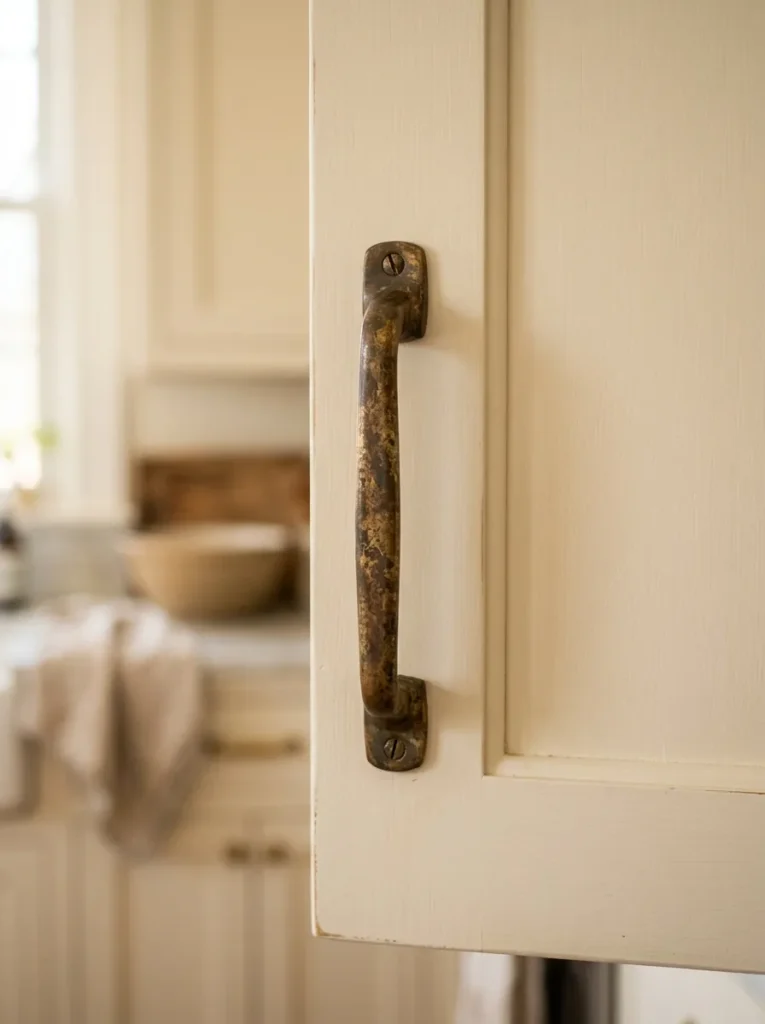 Unlacquered solid brass bar handle on a white kitchen cabinet door showing early natural patina with wear pattern at the grip center