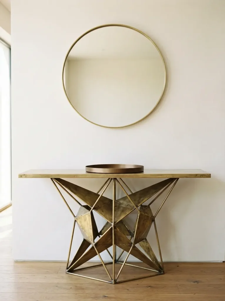 Unlacquered brass console table with geometric base as the focal point, one simple tray on surface, large round mirror above
