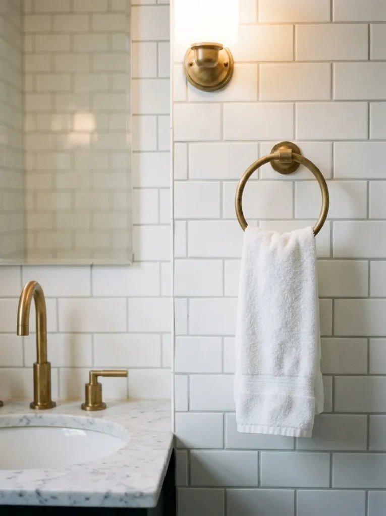 Unlacquered brass towel ring on white subway tile beside a bathroom sink, holding a folded white hand towel at hand height with a brass faucet visible beside it
