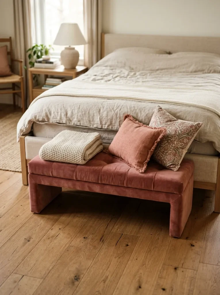 Low dusty rose velvet bench at the foot of a bed holding a folded throw and two accent cushions in warm morning light