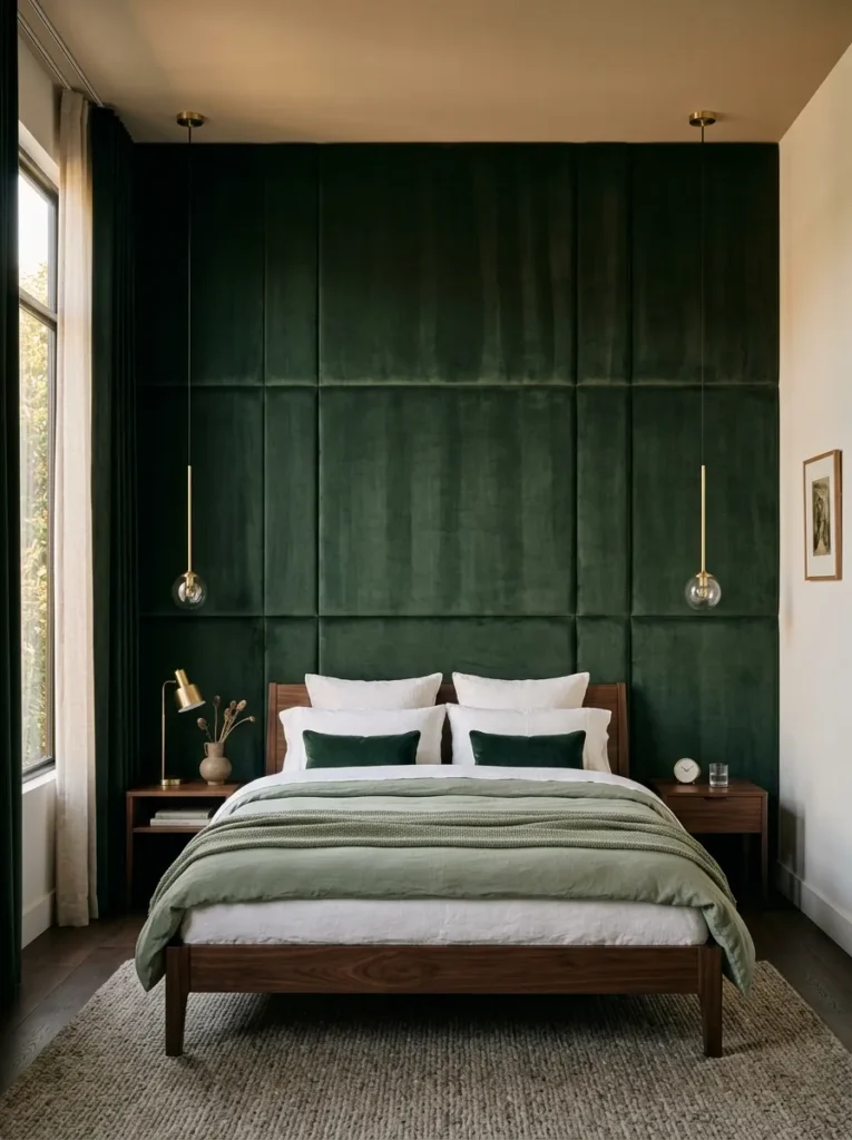Full-width upholstered forest green velvet wall panels behind a dark walnut bed with white bedding and slim brass pendant lights
