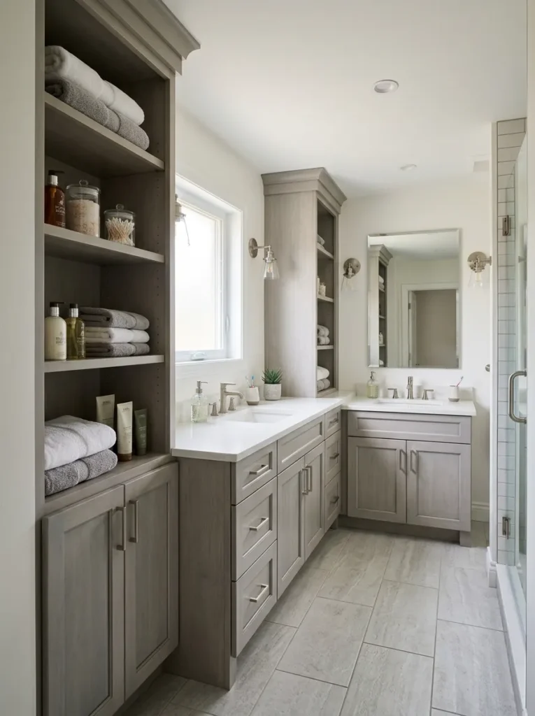 Light grey bathroom vanity with integrated tall linen tower column reaching to ceiling, open shelves with towels
